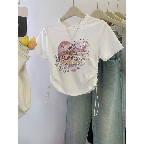 美式复古正肩短袖t恤女夏季2024新款设计感小众短款抽绳体恤上衣