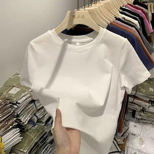棉质短款 春秋内搭打底衫 简约纯色百搭上衣 白色t恤女夏季 正肩短袖