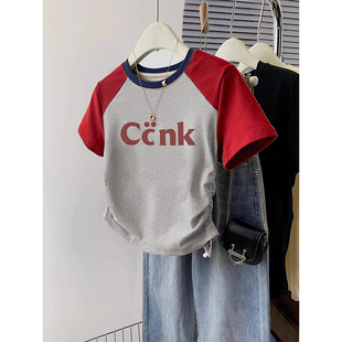 短款 内搭修身 辣妹茶艺风上衣 打底衫 2026新年红色纯棉t恤女短袖