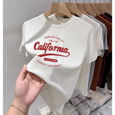 2026春夏新款女士通勤圆领短t恤纯色宽松正肩印花上衣简约休闲衫