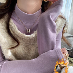 纯色上衣 保暖内搭磨毛打底衫 加厚德绒半高领T恤女紫色长袖 秋冬季