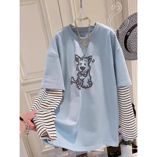 早秋季 t恤女2025新款 宽松慵懒风上衣 300斤假两件条纹长袖 特大码