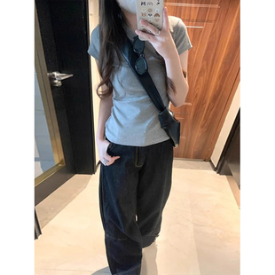 辣妹修身 美式 2025款 T恤女夏季 显瘦内搭打底上衣 复古灰色正肩短袖