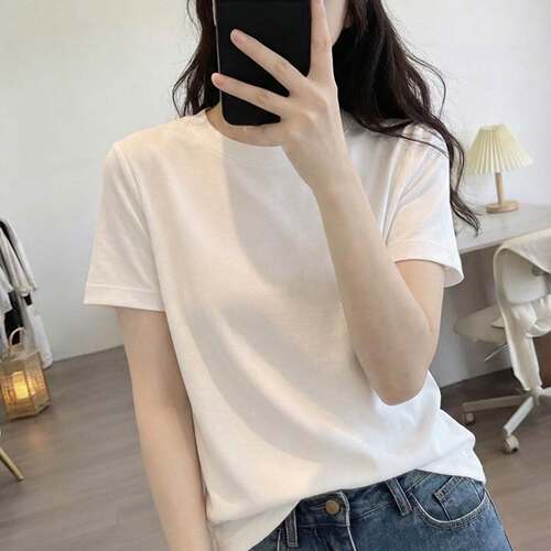 夏季新款百搭纯棉圆领短袖宽松正肩休闲上衣女纯色夏打底衫t恤衫