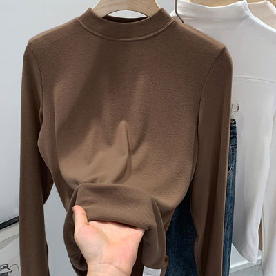 德绒打底衫女秋冬内搭白色小立领加绒加厚中领T恤半高领紧身上衣