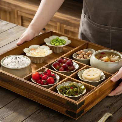 窑变陶瓷民宿餐具套装复古早餐分格餐盘食盒商用木制碗盘筷托盘装