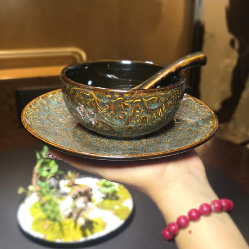 复古浮雕花纹陶瓷摆台四件套窑变餐具瓷器套装
