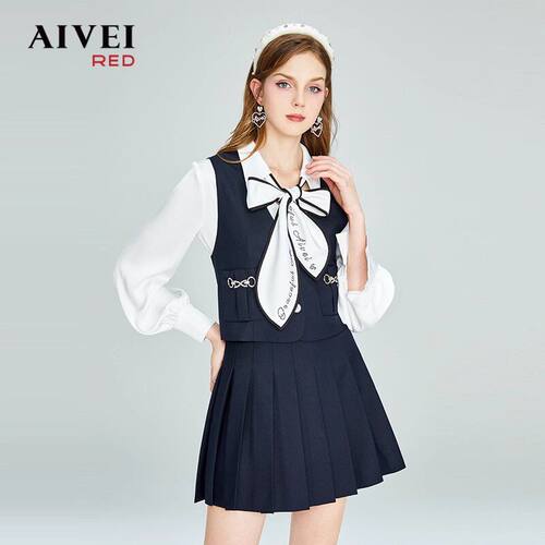 AIVEI/艾薇2022秋季衬衫马甲百褶短裙子三件套P056S091-2780