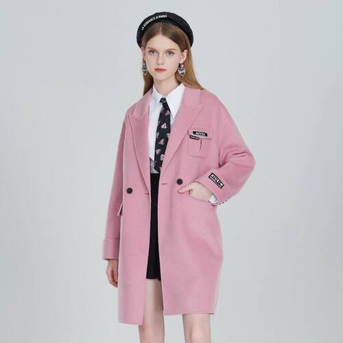 AIVEI欣贺艾薇 冬季新品少女学院风一粒扣粉色双面呢大衣P0660185