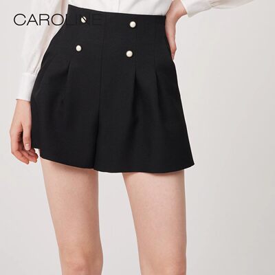 CAROLINE卡洛琳春季新款双排扣高腰阔腿A字休闲短裤子ECRCAA12