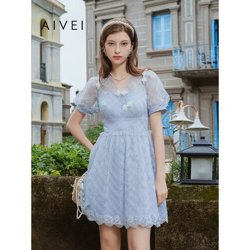 AIVEI/艾薇2023春季甜美盘扣网纱连衣裙专柜正品Q0160041-1980
