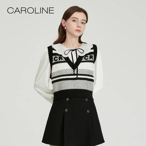 CAROLINE卡洛琳22秋冬新款复古提花针织衫背心马甲ECRCCD12-1280