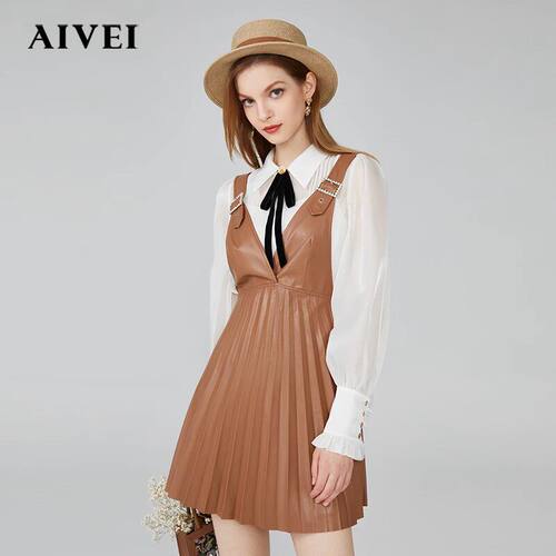 AIVEI/艾薇 百褶仿皮无袖背带裙2021秋季专柜正品N0560099-1580