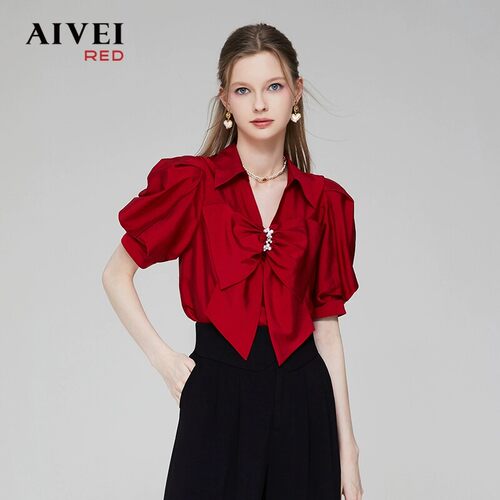AIVEI欣贺艾薇夏季新品女神氛围感蝴蝶结短袖雪纺衬衫Q0360071