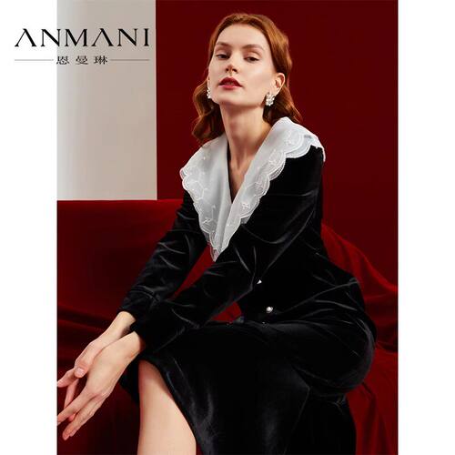 ANMANI恩曼琳 秋季新款绣花大翻领包臀鱼尾丝绒洋装EANCCH18