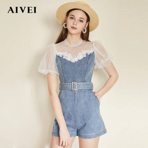 AIVEI/艾薇 水洗牛仔连身裤短裤2021春季专柜正品N0160032-1680