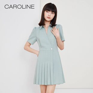 Caroline卡洛琳夏季新款翻领短袖百褶裙摆衬衫式洋装ECRDBA61