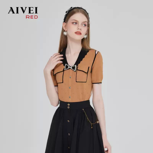 AIVEI/艾薇2023春季蝴蝶结短袖V领针织衫专柜正品Q0160008-1480