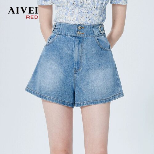 AIVEI欣贺艾薇夏季新款爱心水钻扣高腰阔腿牛仔短裤P0360017-1180