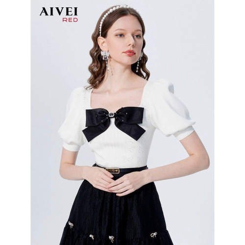 AIVEI/艾薇2022春季蝴蝶结短袖针织衫上衣专柜正品P0160066-1480