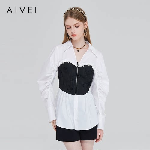 AIVEI/艾薇2023春季撞色修身长袖衬衫上衣专柜正品Q0160072-1680