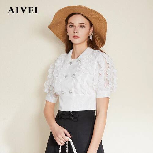 AIVEI/艾薇 短袖双排扣短款上衣2021春季专柜正品N0160007-1380