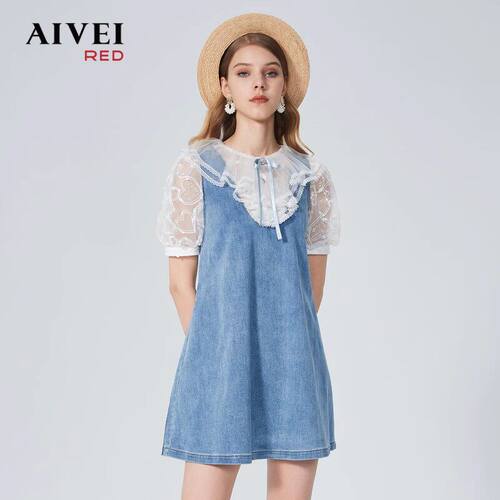 AIVEI欣贺艾薇春夏新品刺绣网纱荷叶边拼接牛仔洋装P0160002