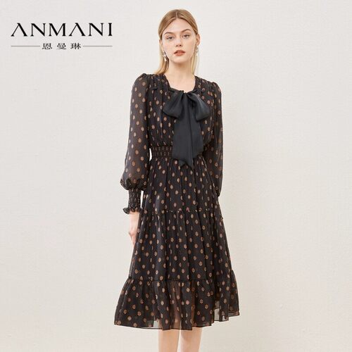 ANMANI恩曼琳秋季蝴蝶结飘带收腰印花洋装茶歇裙EANCCB68-1880