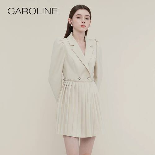 CAROLINE卡洛琳22秋冬新款通勤OL百褶高级感西装洋装ECRCCE19