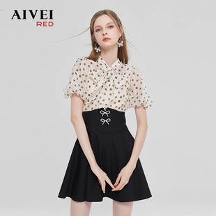 AIVEI/艾薇2023春季蝴蝶结短袖连衣裙专柜正品Q0160032-1780