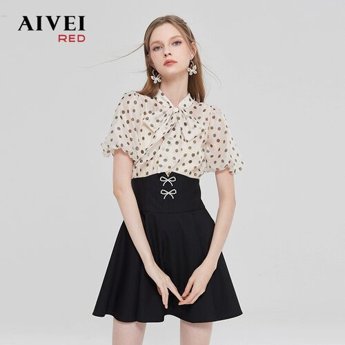 AIVEI/艾薇2023春季蝴蝶结短袖连衣裙专柜正品Q0160032-1780