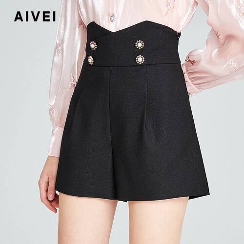 AIVEI/艾薇2022秋季高腰交叉斜襟双排扣阔腿短裤子P05W0008-1180