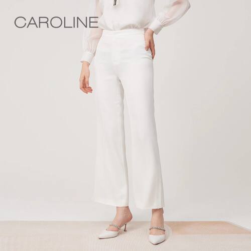 CAROLINE卡洛琳春夏款西裤通勤高腰直筒微开叉光泽感裤子ECRCAC51