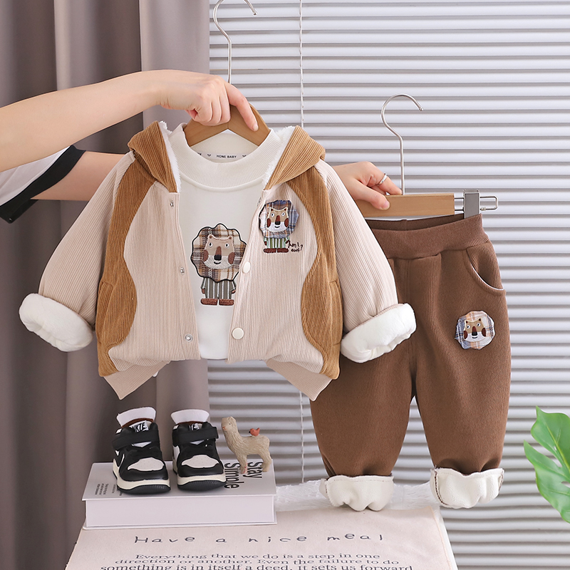 男童加绒棉衣1岁半宝宝加厚三件套2运动棒球服套装3夹克4小孩冬装