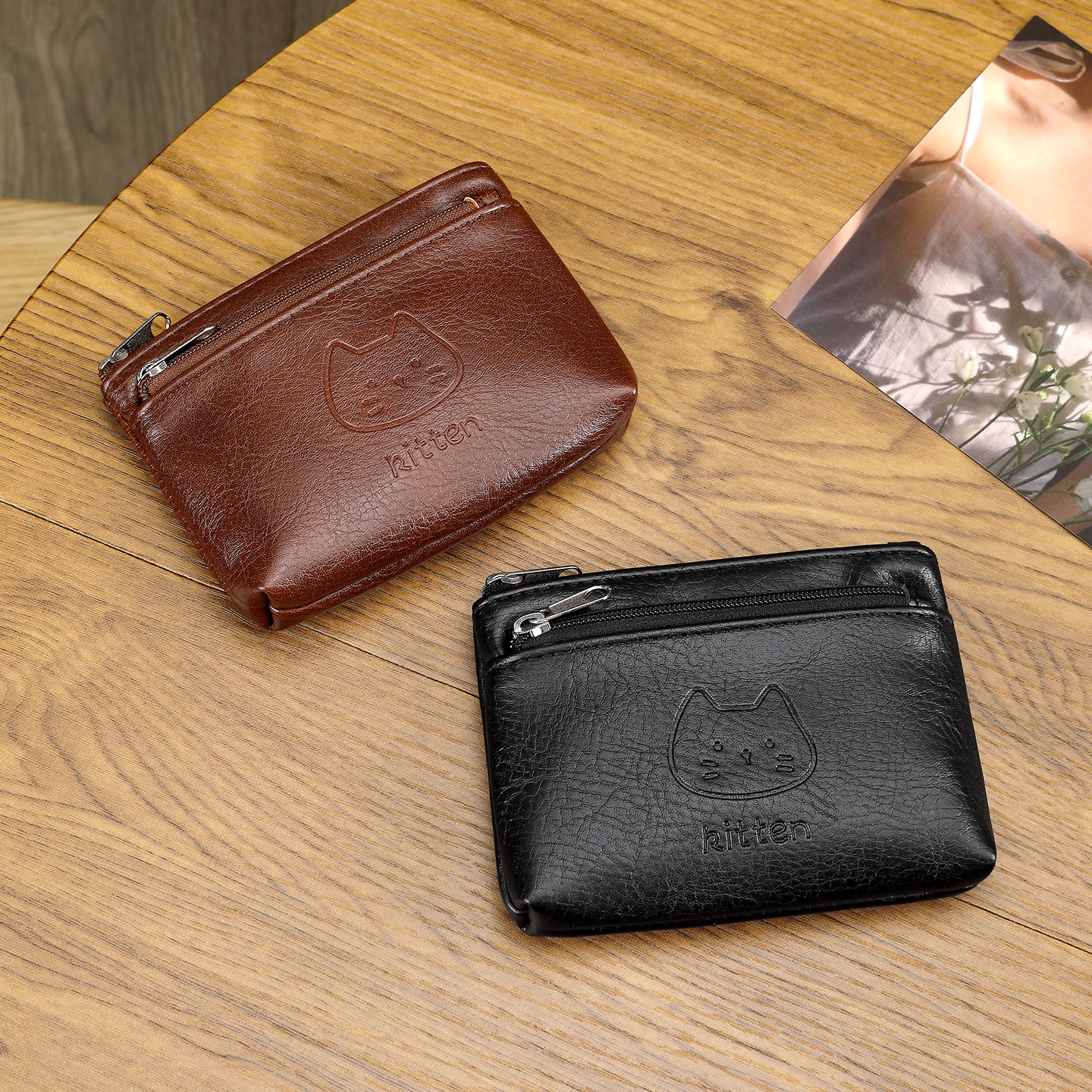 复古压花小猫咪零钱包女款多功能证件收纳包真软皮迷你钥匙包卡包