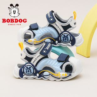 巴布豆童鞋男童带灯鞋夏季2025新款软底防滑包头学步鞋子宝宝凉鞋