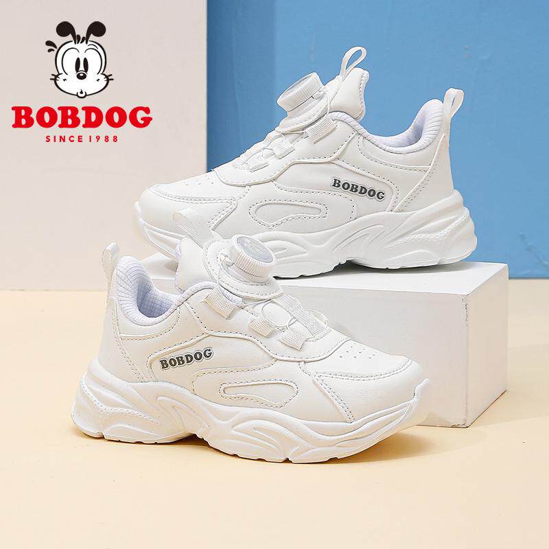 巴布豆童鞋男童小白鞋2025春秋新款皮面防水女童旋转扣白色运动鞋