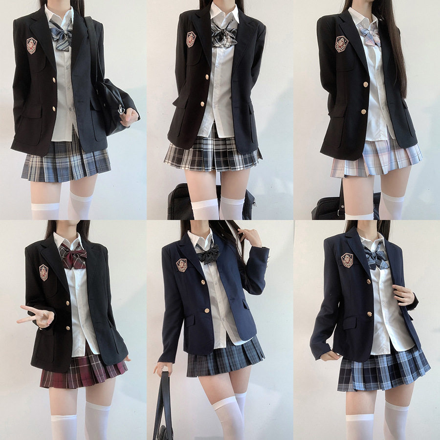 jk制服女生学院风黑色西装藏青色茶色校供感西服格子裙半身裙套装