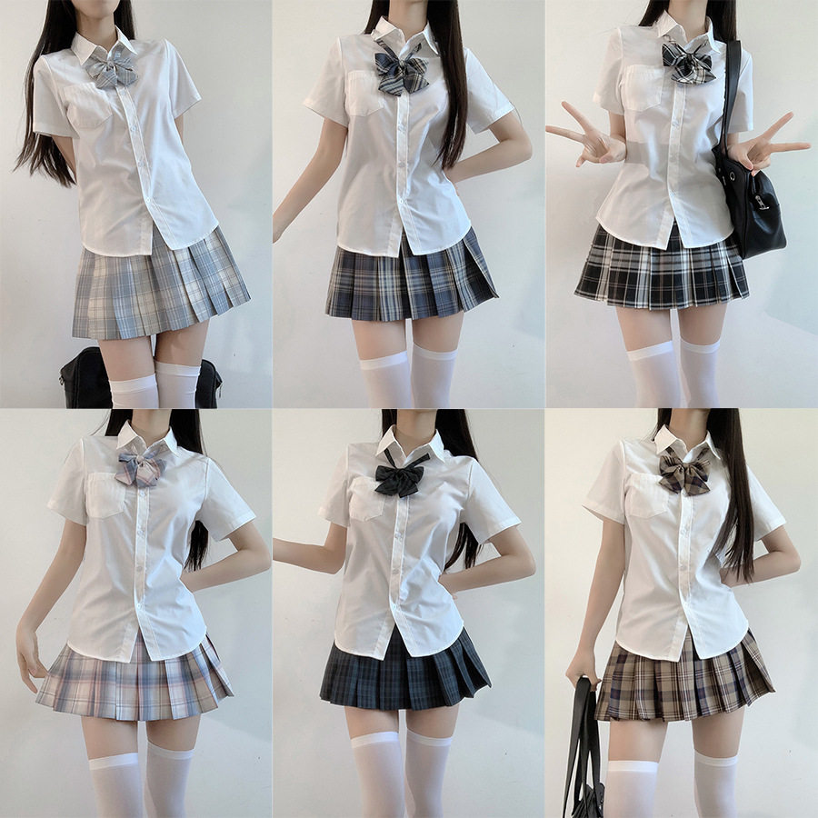jk短袖白衬衫女少女学生学院风韩版潮宽松短袖纯色衬衣格子裙套装