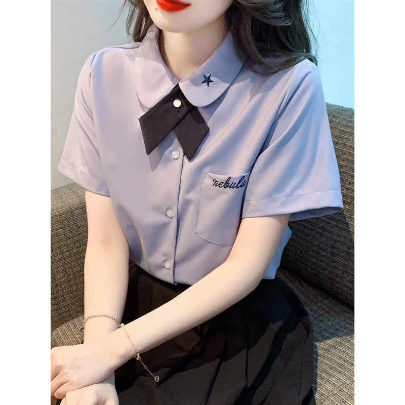 JK制服学院风白衬衫夏装减龄单排扣上衣刺绣上衣学生韩式领结衬衣