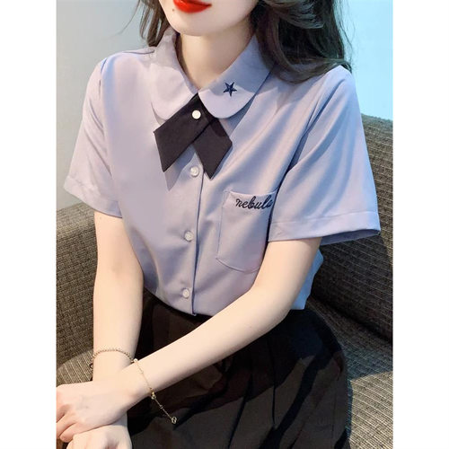 JK制服学院风白衬衫夏装减龄单排扣上衣刺绣上衣学生韩式领结衬衣