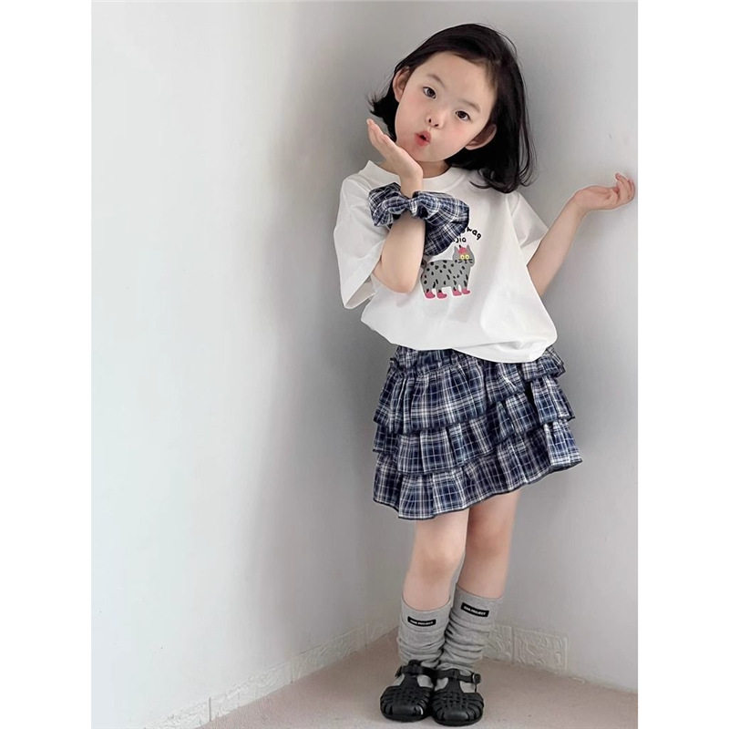 女童藏蓝格子裙2025夏季新款3-8岁女宝宝裙洋气蛋糕裙短裙半身裙