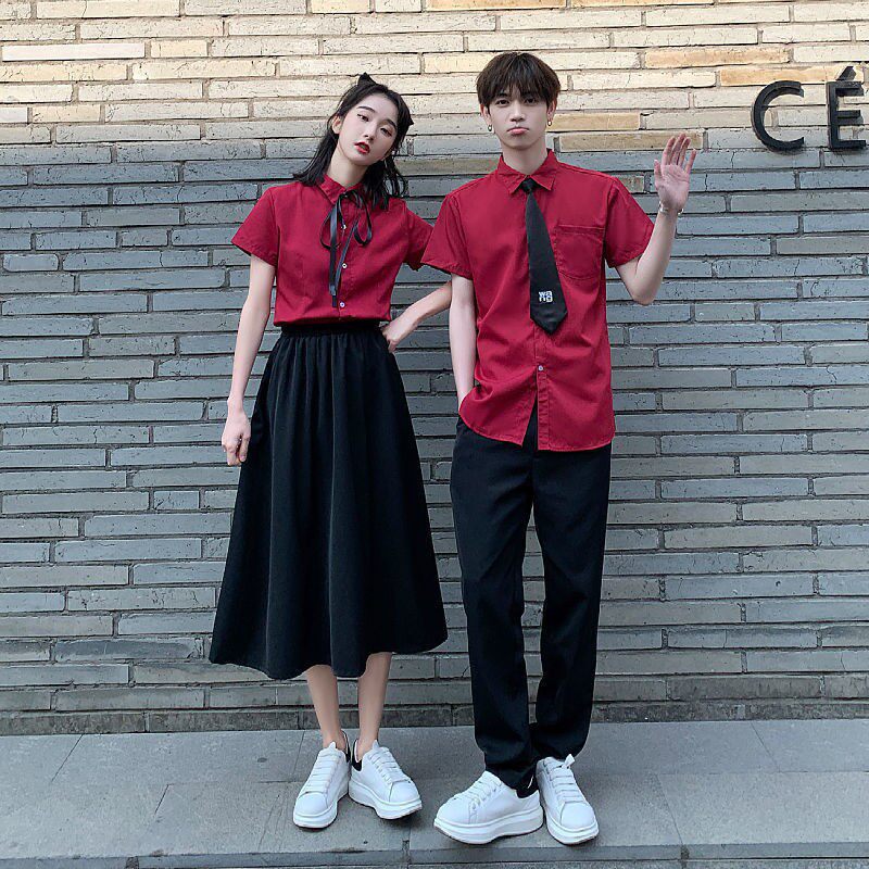 Jk制服红衬衫校服短裙运动会高初中生大合唱团班服黑西裤表演套装
