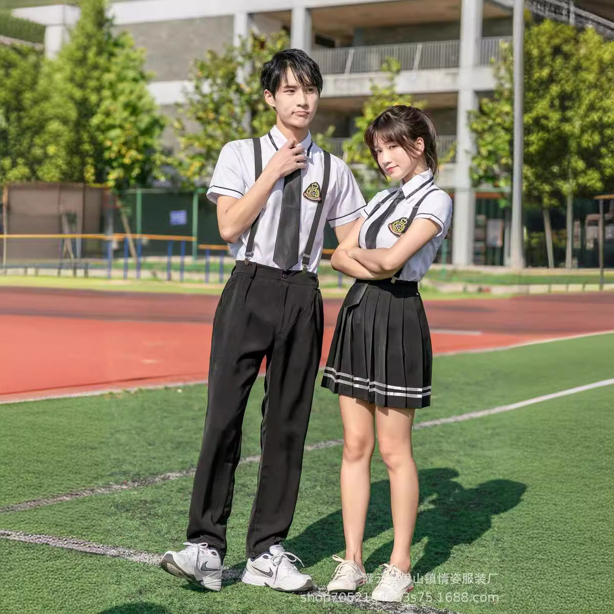 男女学生衬衫高中初中大学校服黑西裤学院风短裙运动会演出服套装