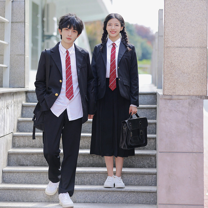 jk制服黑色西装校服男女生长袖衬衫百褶裙高初中生校服黑西裤套装