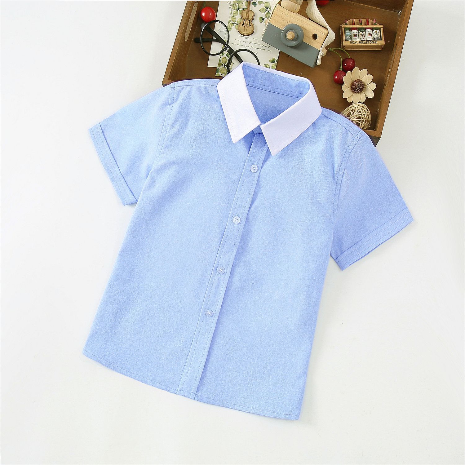 男童白领蓝色长袖衬衫学院风小学生夏半袖衬衣表演校服运动会班服