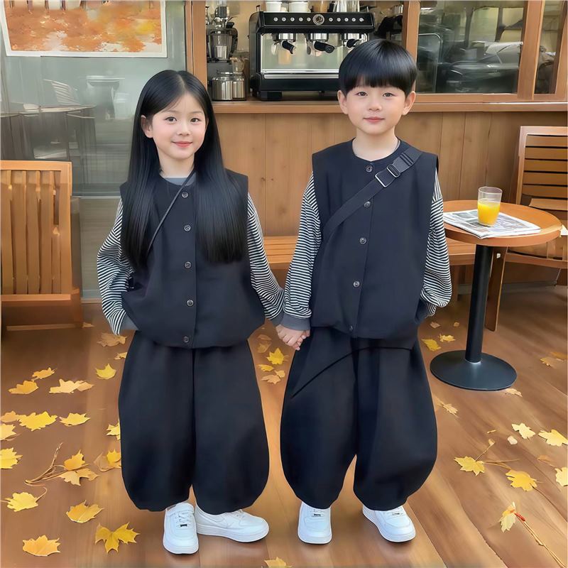 儿童秋装条纹长袖3-8岁男女宝宝衣服男童春秋女童韩版马甲三件套