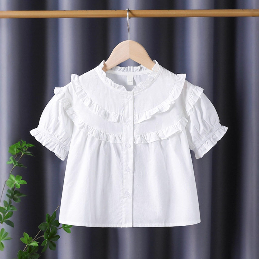 女童短袖纯棉衬衫白色夏新款木朵领纯白衬衫百搭娃娃衫小女孩开衫