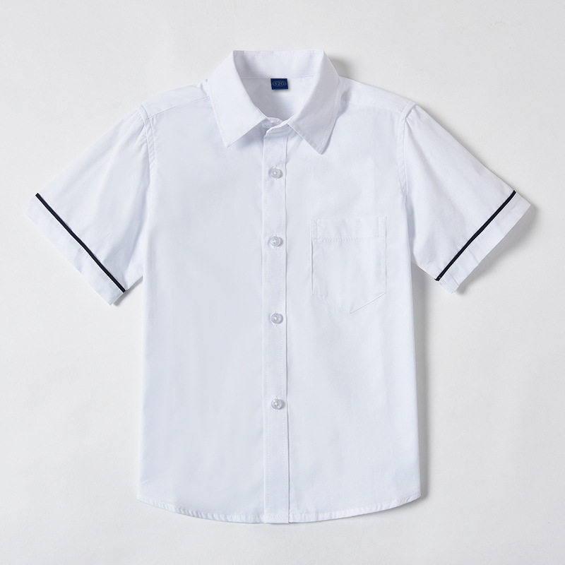 男童夏装学生短袖白衬衫袖口黑边学院风半袖纯棉白衬衣校服演出服