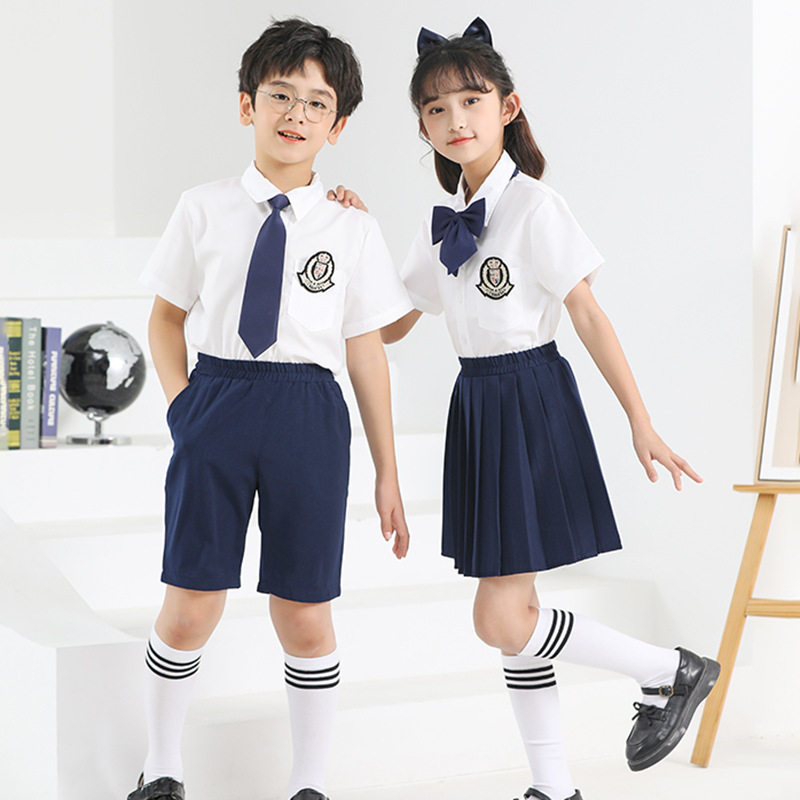 中小学生毕业季白衬衫校服礼服班服短裙短裤短袖白衬衣表演服套装